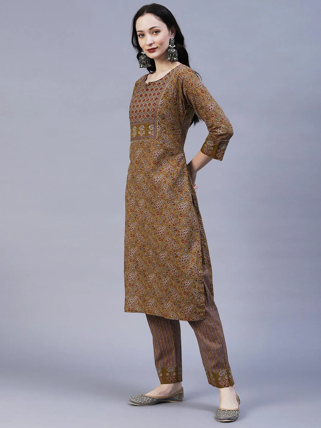 Floral Block Printed Zari & Sequins Embroidered Kurta With Pants - Taupe