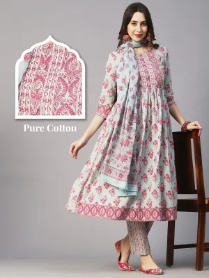 Floral Block Printed Zari Embroidered High Slit Kurta With Pants & Dupatta - Mint Green