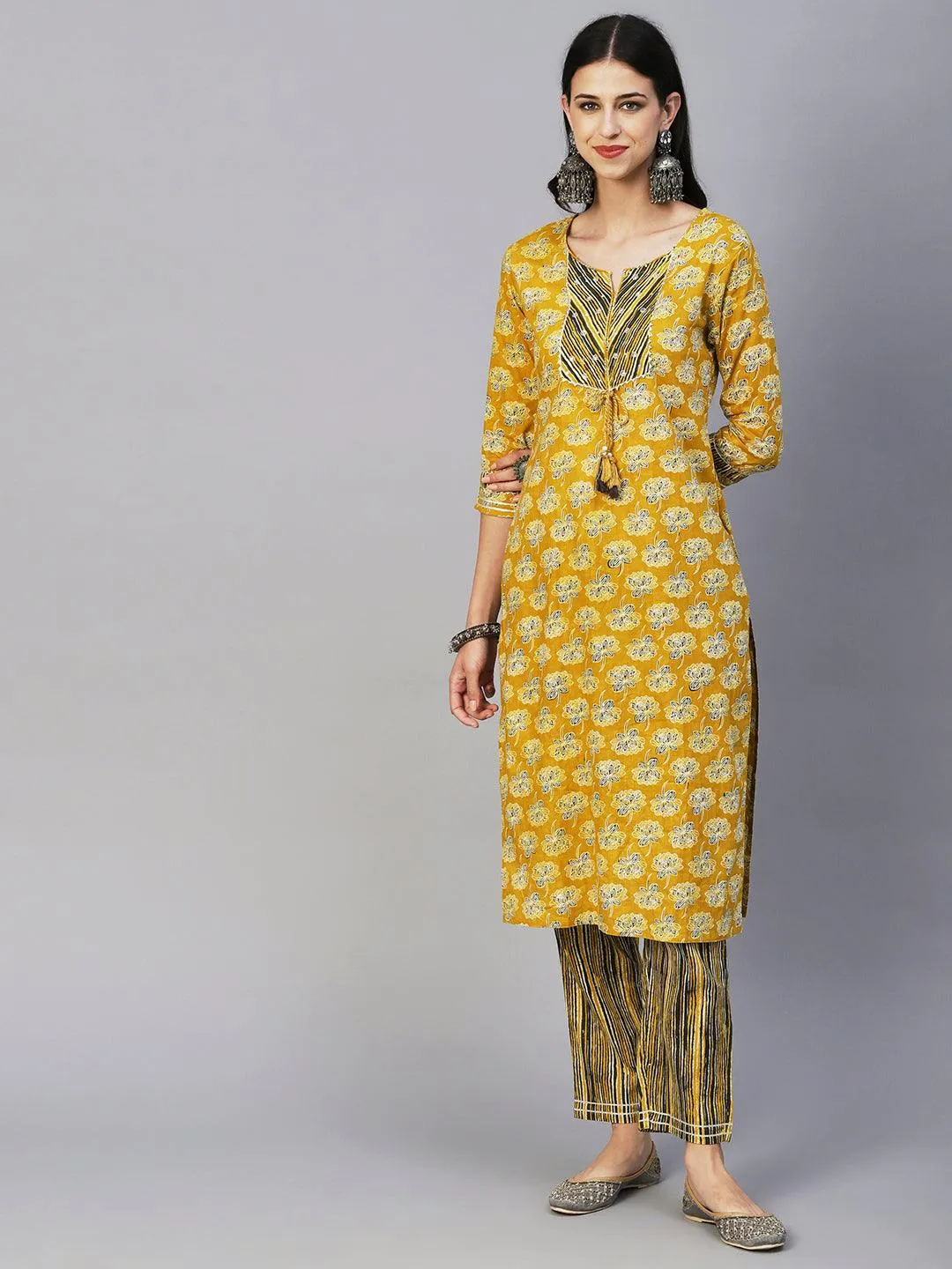 Floral Block Printed Zari Embroidered Kurta With Lehriya Pants & Dupatta - Mustard