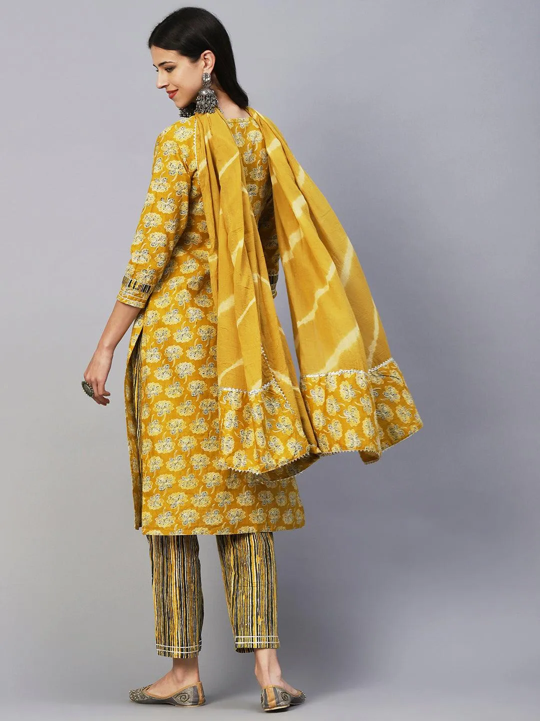 Floral Block Printed Zari Embroidered Kurta With Lehriya Pants & Dupatta - Mustard