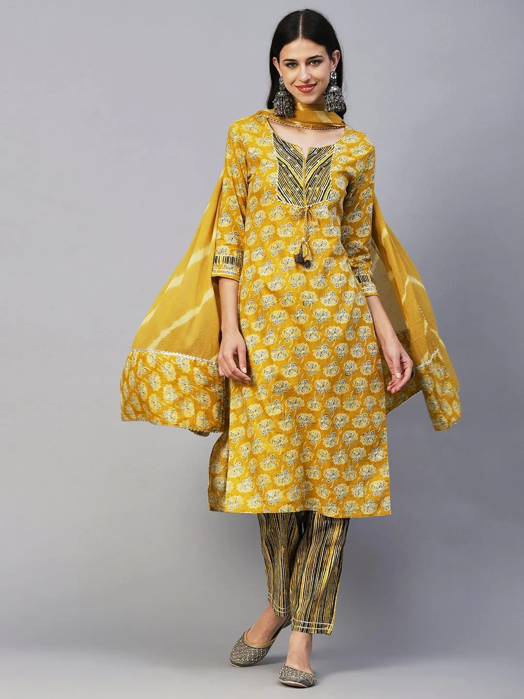 Floral Block Printed Zari Embroidered Kurta With Lehriya Pants & Dupatta - Mustard