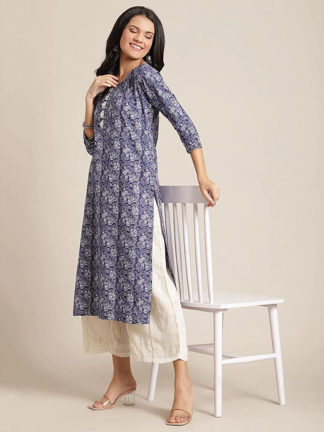 Floral Blue And White Printed Kurta With Gota Fan Work On Yoke And Gota Work On Sleeves