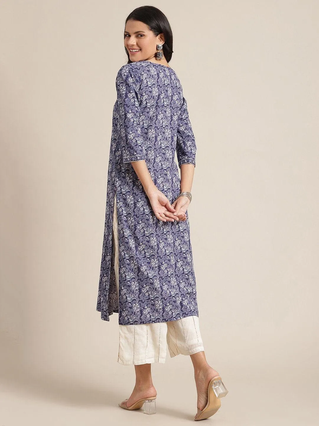 Floral Blue And White Printed Kurta With Gota Fan Work On Yoke And Gota Work On Sleeves