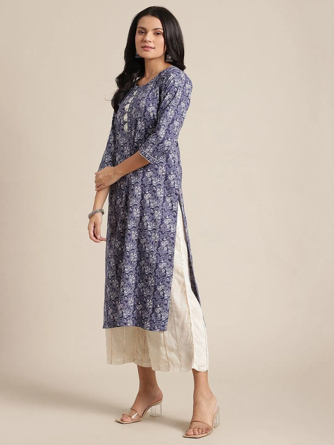 Floral Blue And White Printed Kurta With Gota Fan Work On Yoke And Gota Work On Sleeves