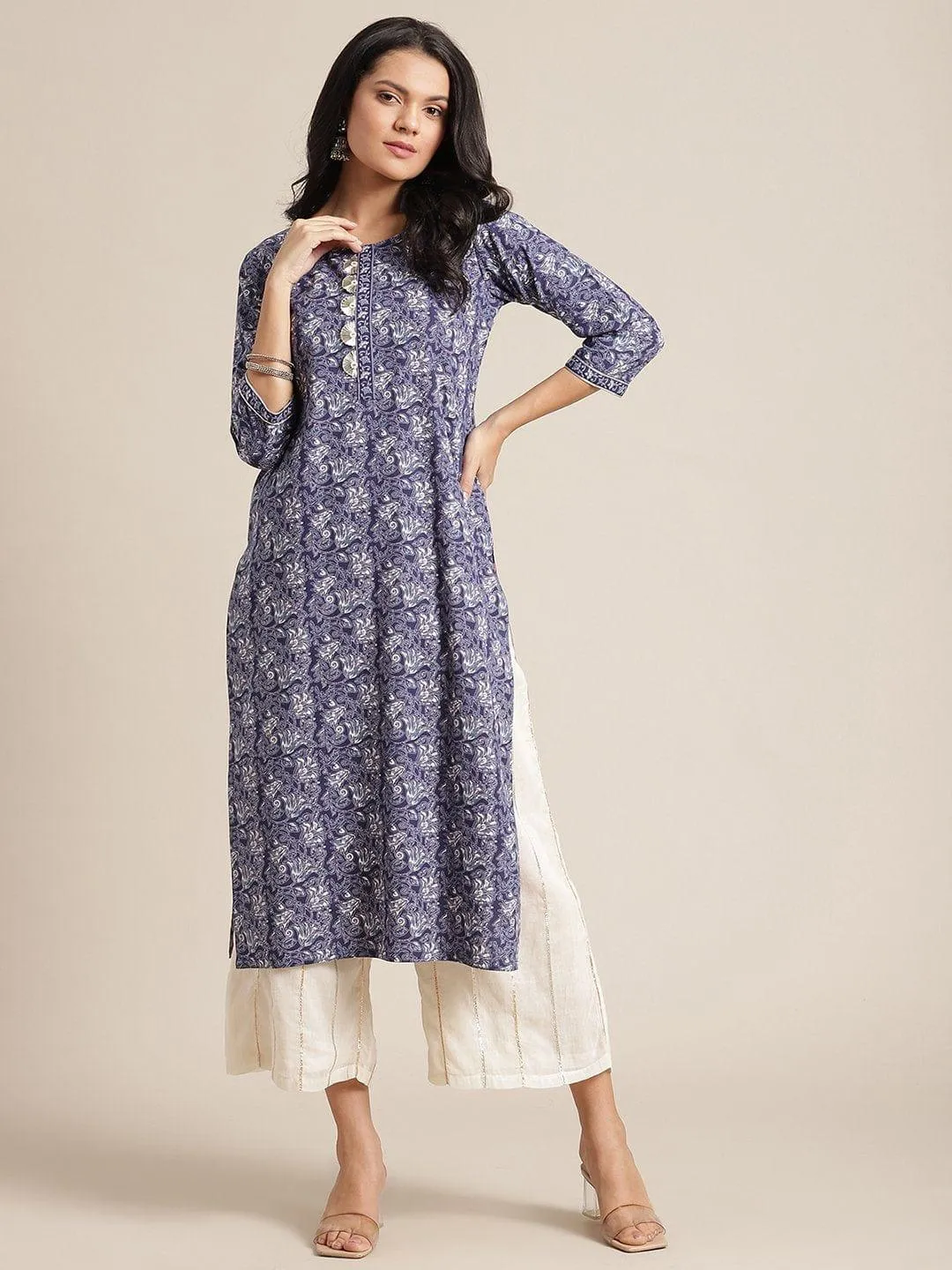 Floral Blue And White Printed Kurta With Gota Fan Work On Yoke And Gota Work On Sleeves