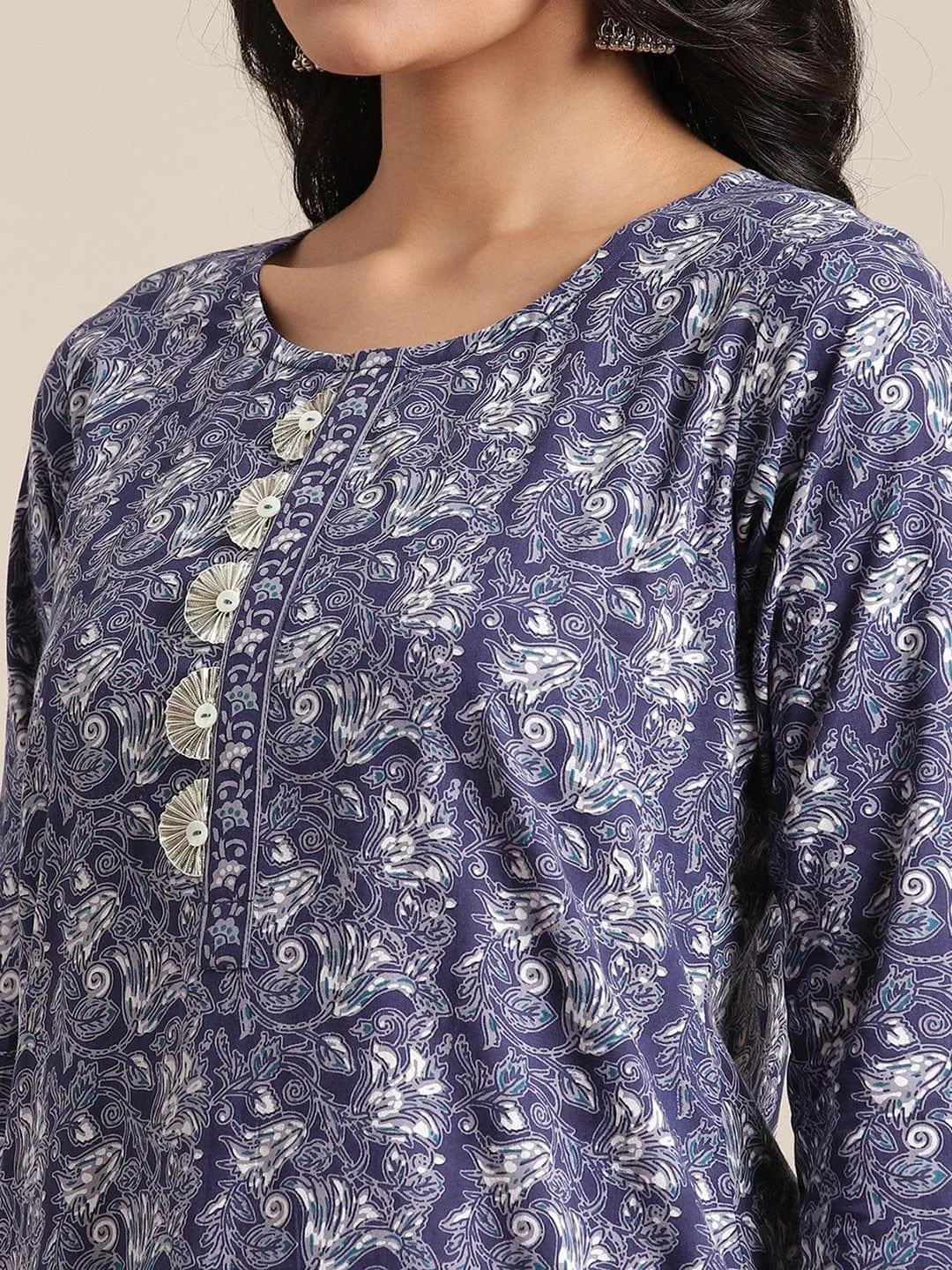 Floral Blue And White Printed Kurta With Gota Fan Work On Yoke And Gota Work On Sleeves