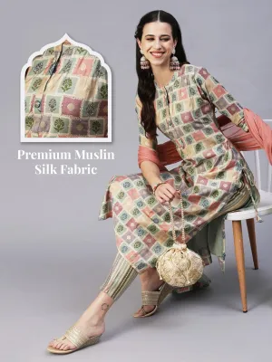 Floral Brick Printed Hand Embroidered Kurta With Pants & Dupatta - Multi