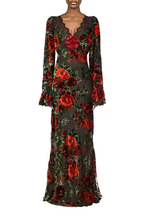 Floral Burnout Velvet Gown Dress With Bell Sleeves