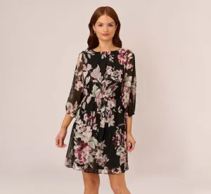 Floral Chiffon Dress With Three Quarter Length Sleeves In Black Multi