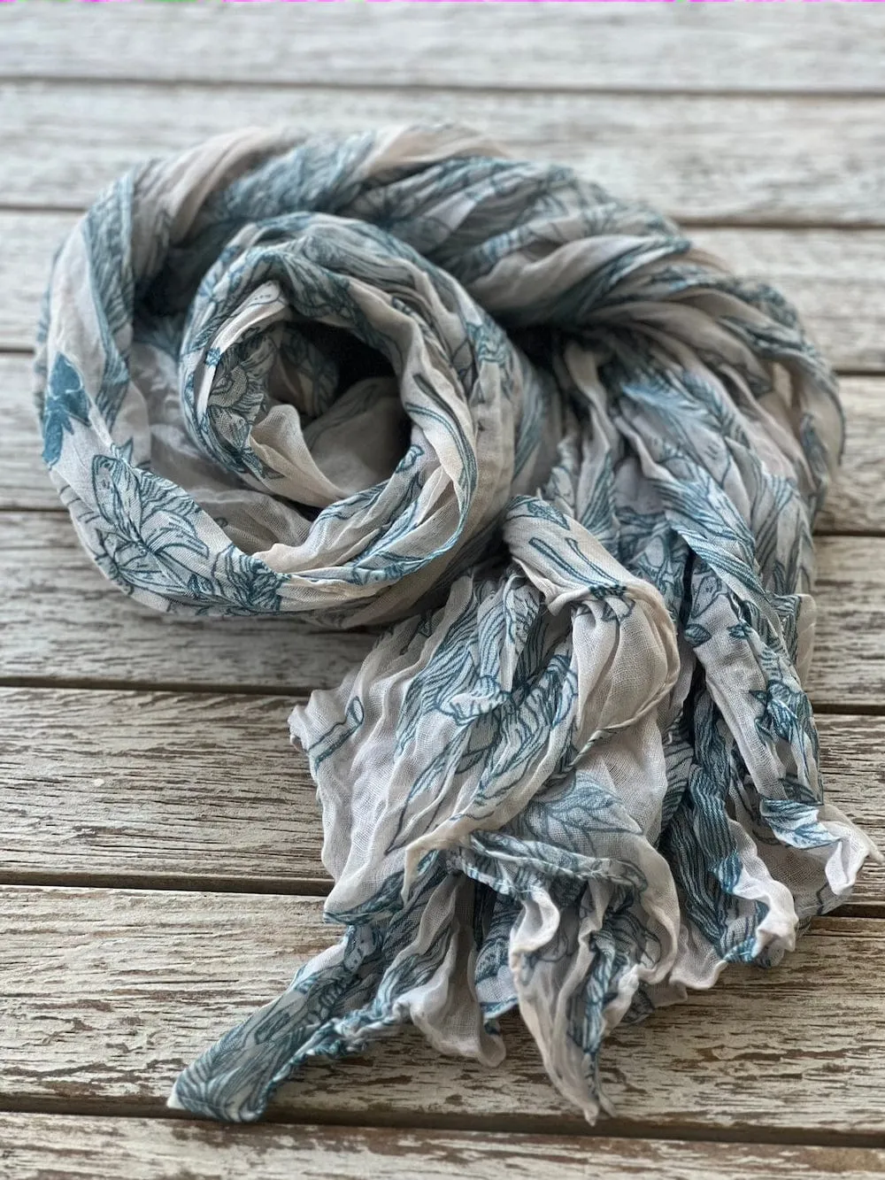 Floral Cotton Crinkle Scarf - Warm White Blue