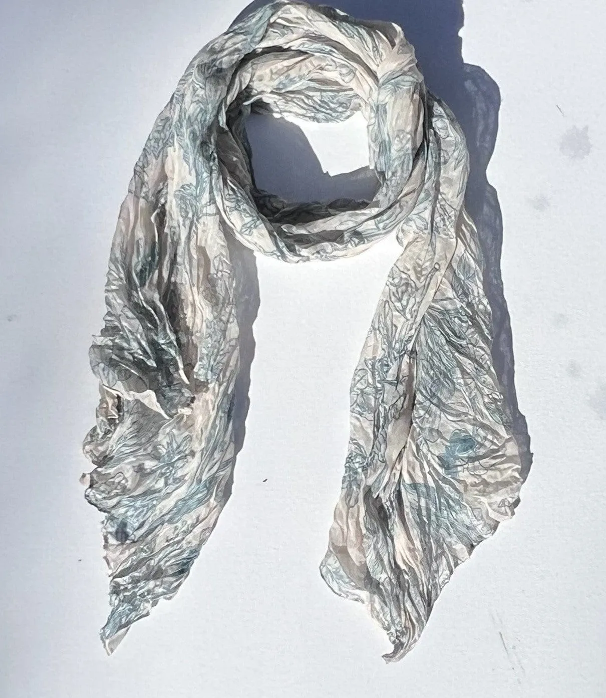 Floral Cotton Crinkle Scarf - Warm White Blue