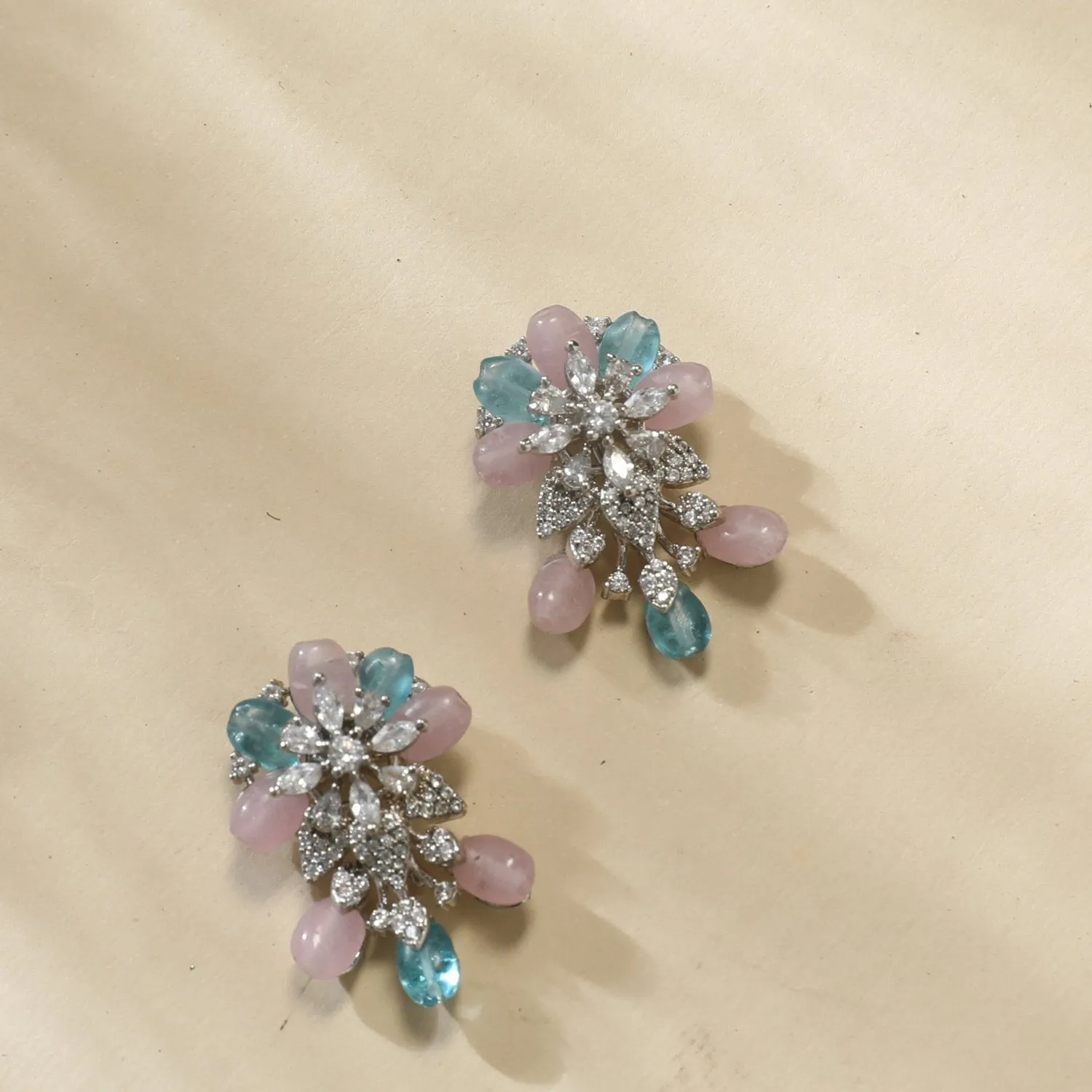 Floral Elegance CZ Aqua Beads Stud Earrings