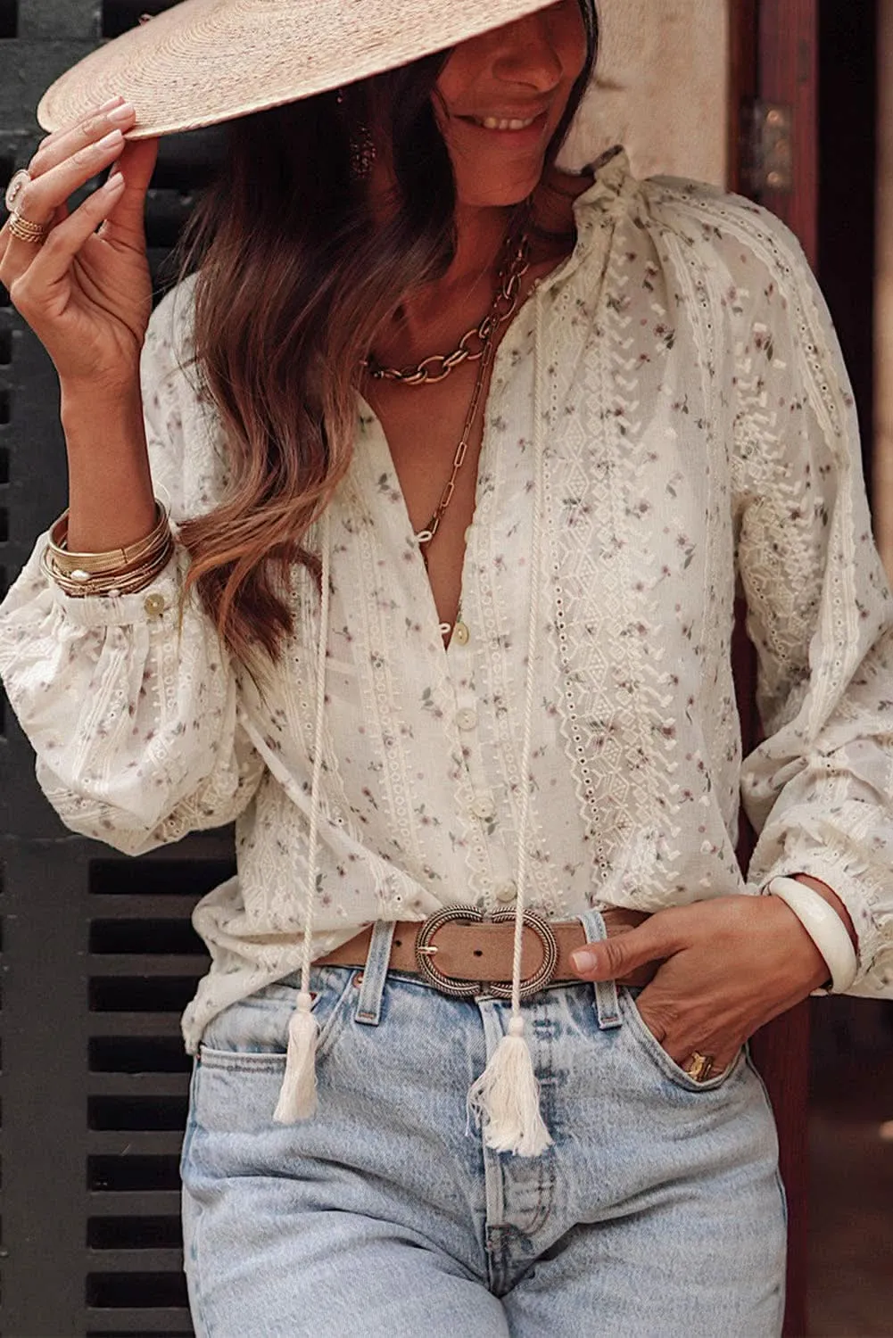 Floral Embroidered Bubble Sleeve Shirt