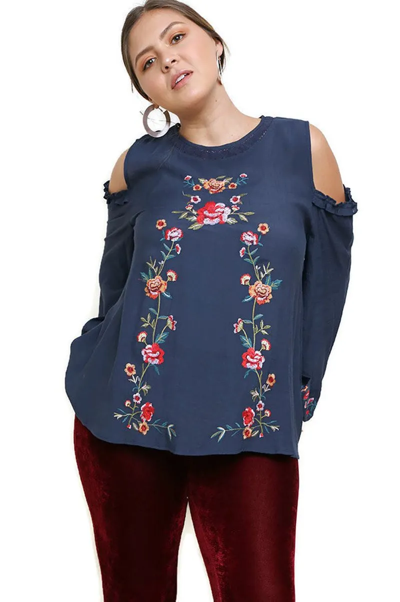 Floral Embroidered Crochet Trim Top, Navy