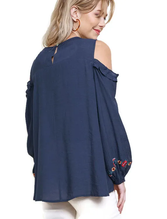 Floral Embroidered Crochet Trim Top, Navy