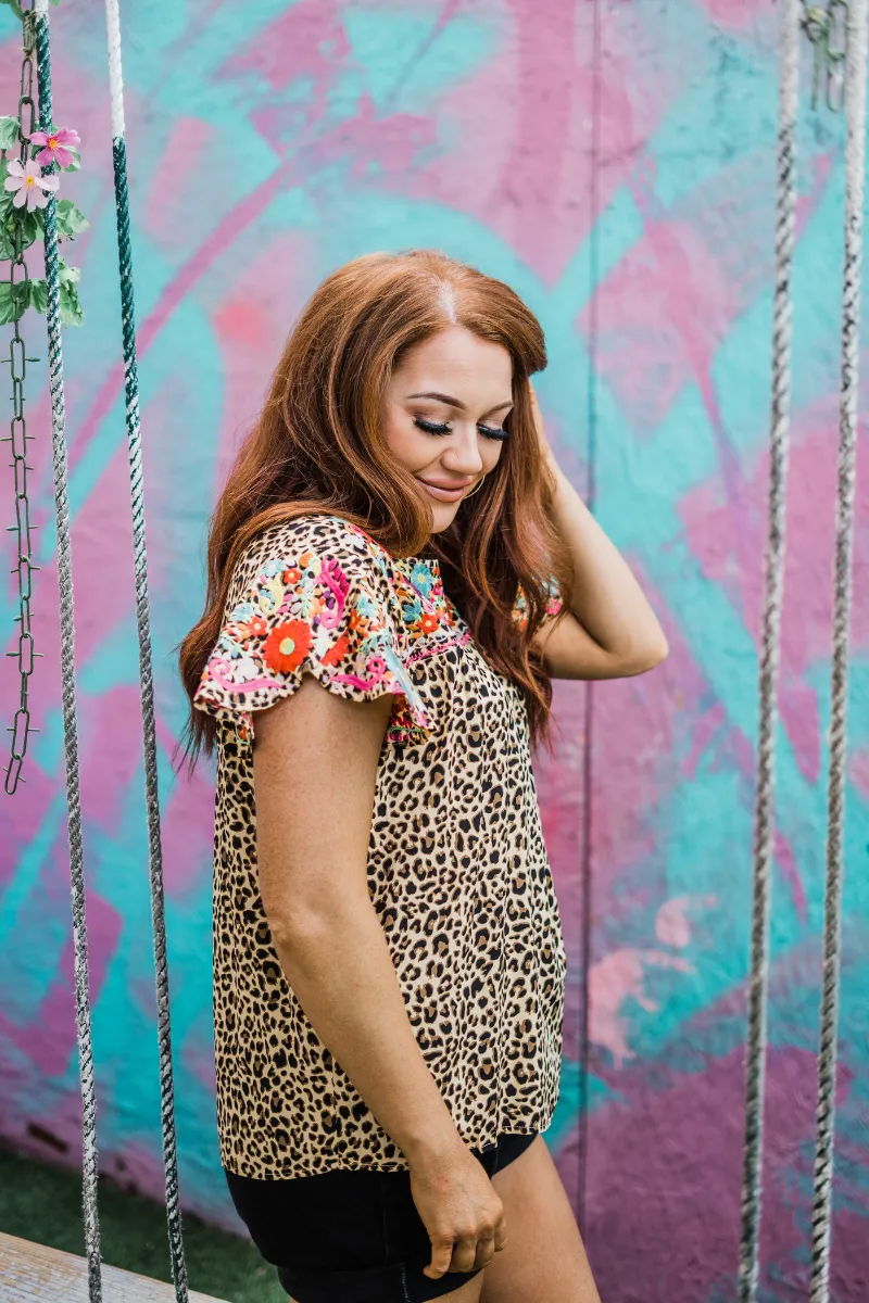 Floral Embroidered Leopard Top