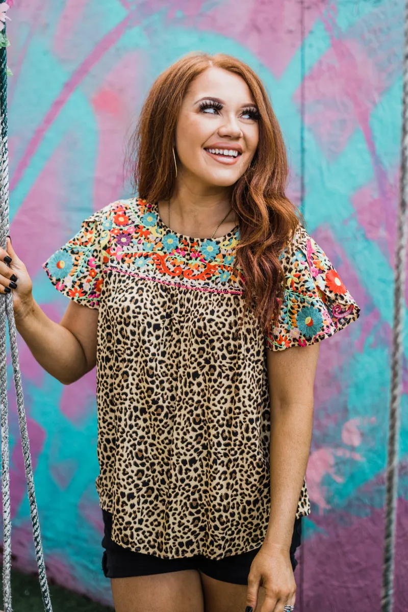 Floral Embroidered Leopard Top