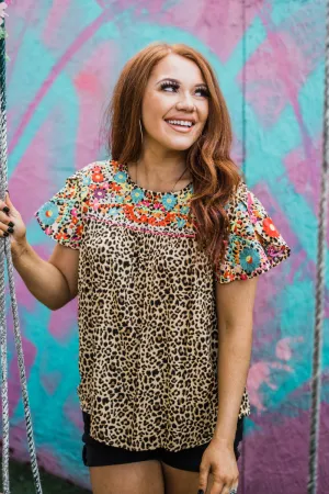 Floral Embroidered Leopard Top