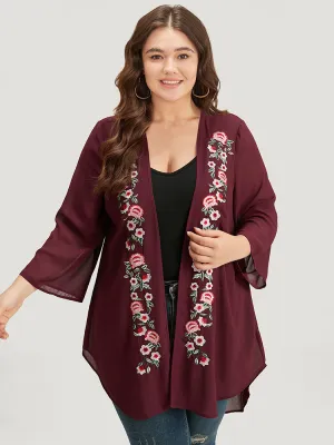 Floral Embroidered Mesh High Low Hem Kimono