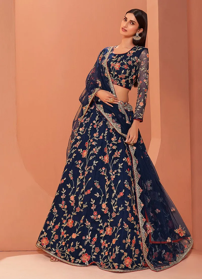 Floral Embroidered Navy Blue Bridal Lehenga Choli