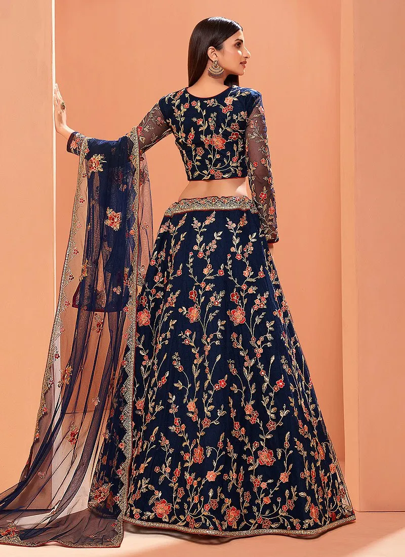 Floral Embroidered Navy Blue Bridal Lehenga Choli