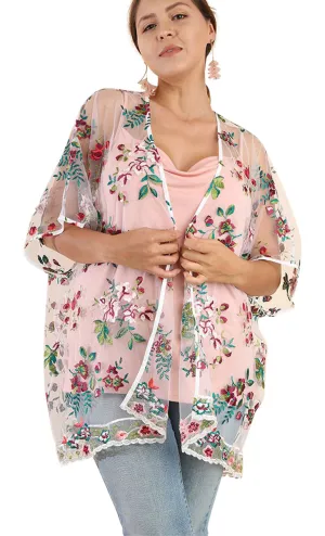 Floral Embroidered Sheer Mesh Kimono, Off White