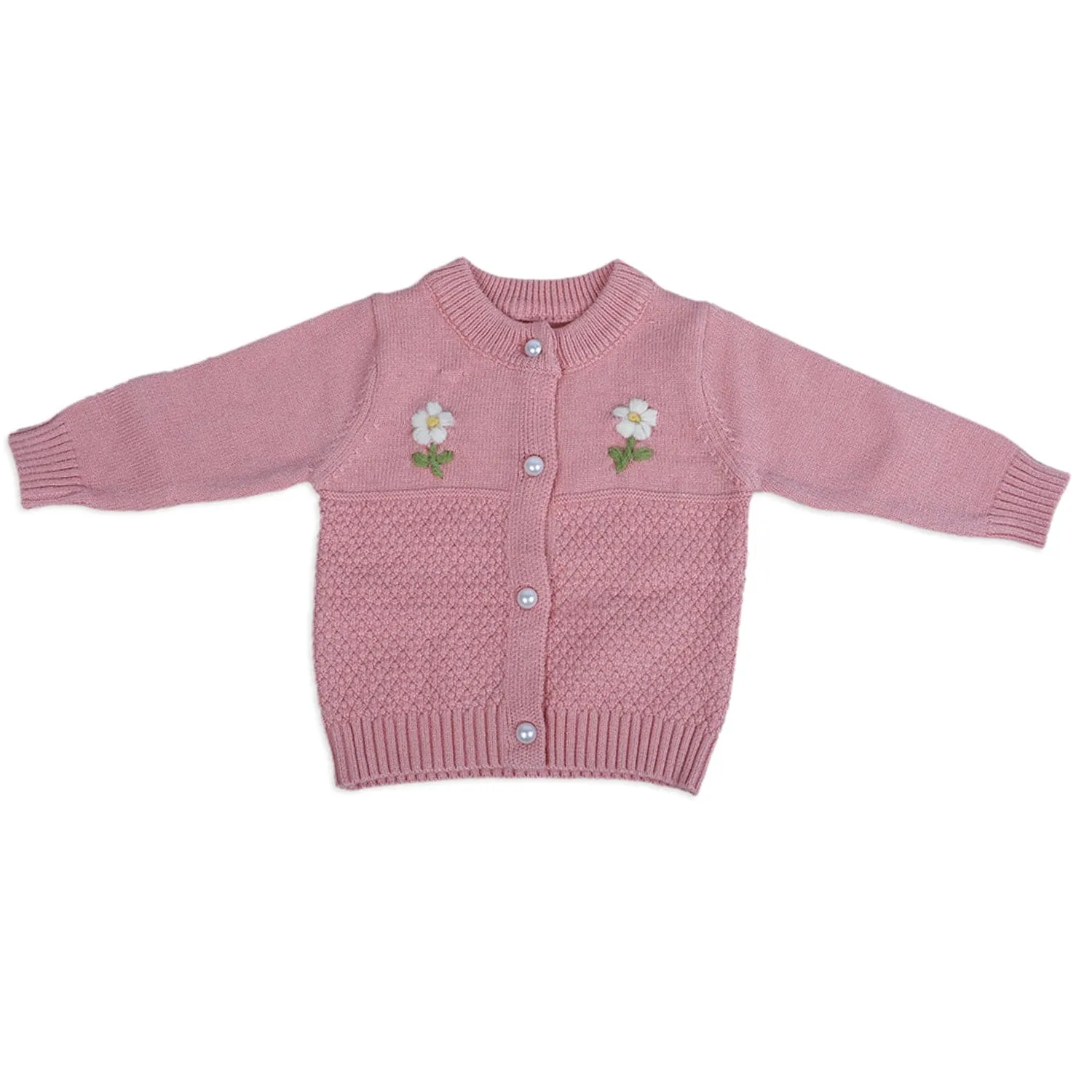 Floral Embroidery Premium Full Sleeves Knitted Sweater - Pink