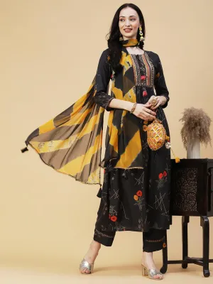 Floral Geometric Printed & Embroidered Straight Kurta with Pant & Dupatta - Dark Grey