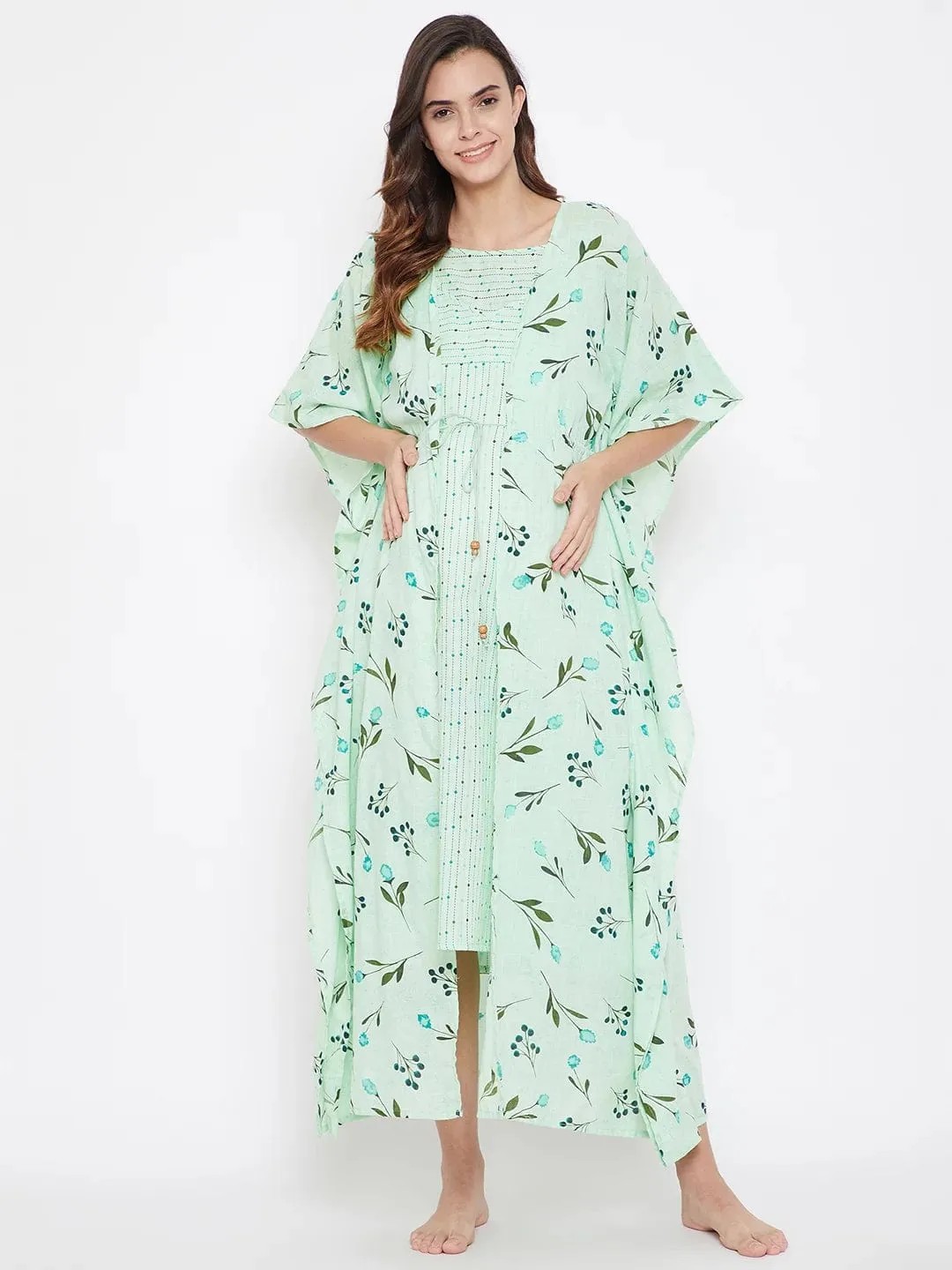 Floral Green Cotton Maternity and Feeding Gownset - (Clearance - Final Sale)