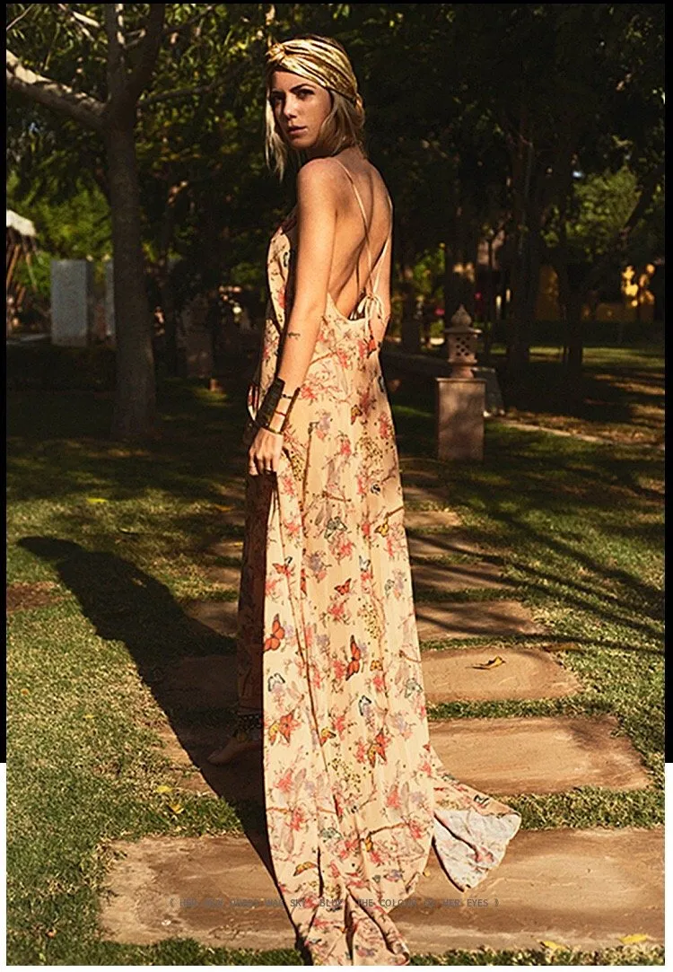 Floral Halter backless huge hem swing long dress