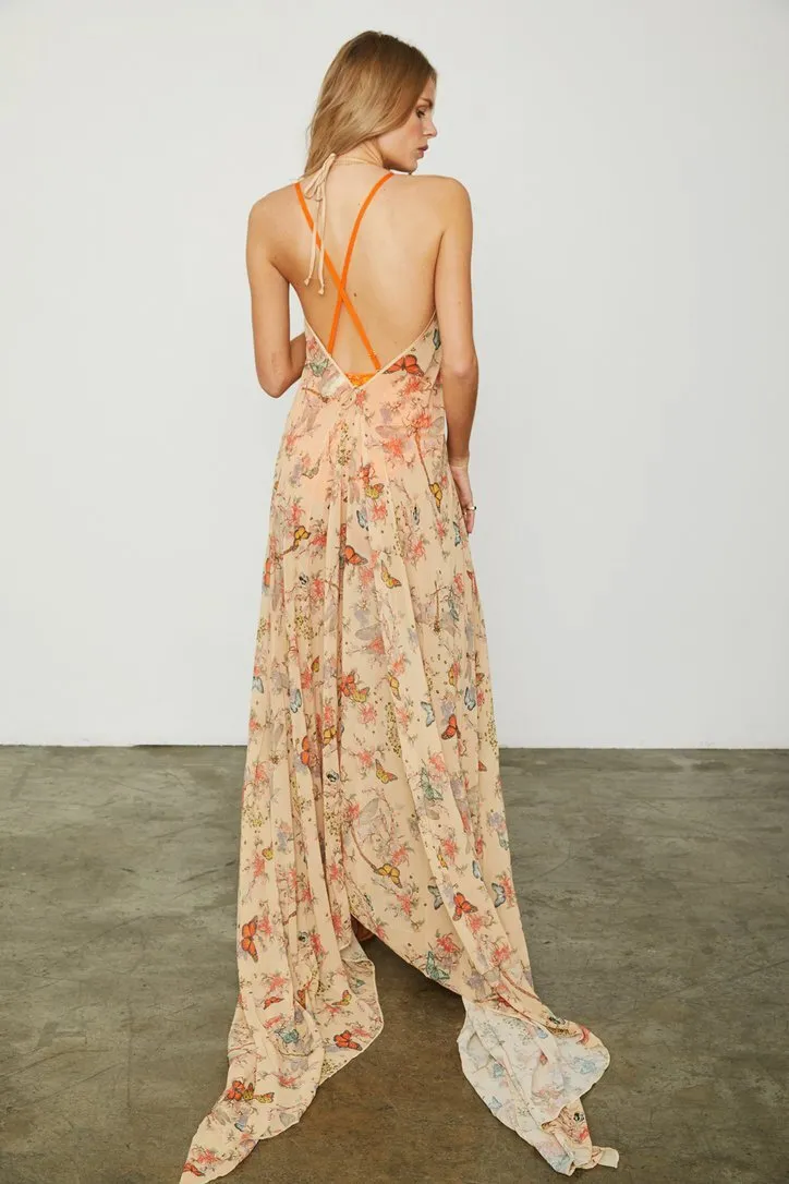 Floral Halter backless huge hem swing long dress