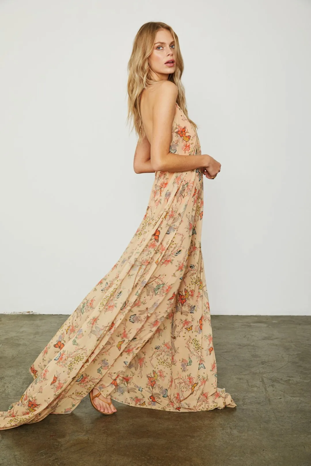 Floral Halter backless huge hem swing long dress