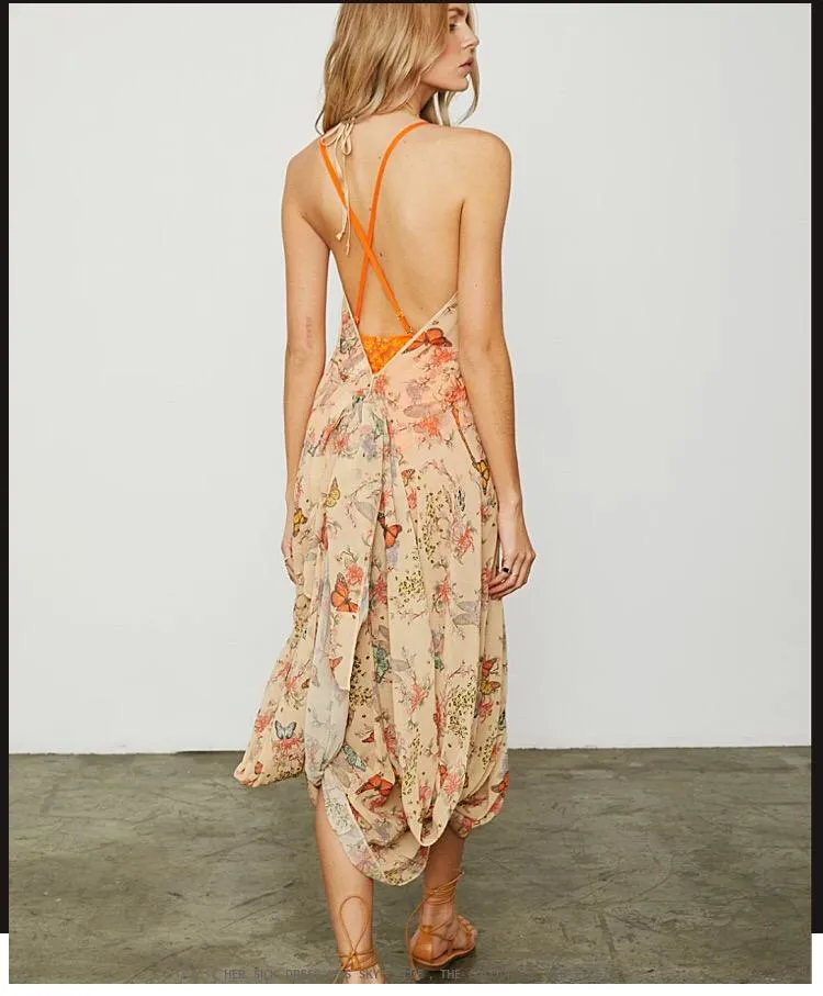 Floral Halter backless huge hem swing long dress