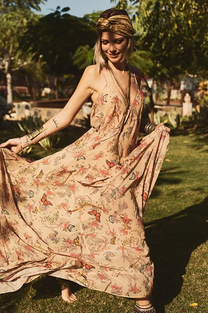 Floral Halter backless huge hem swing long dress