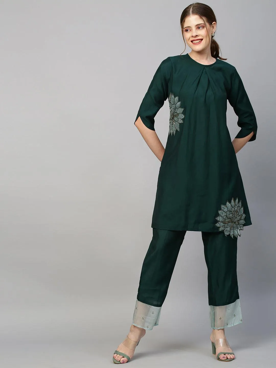 Floral Hand Embroidered Co-ords - Dark Green