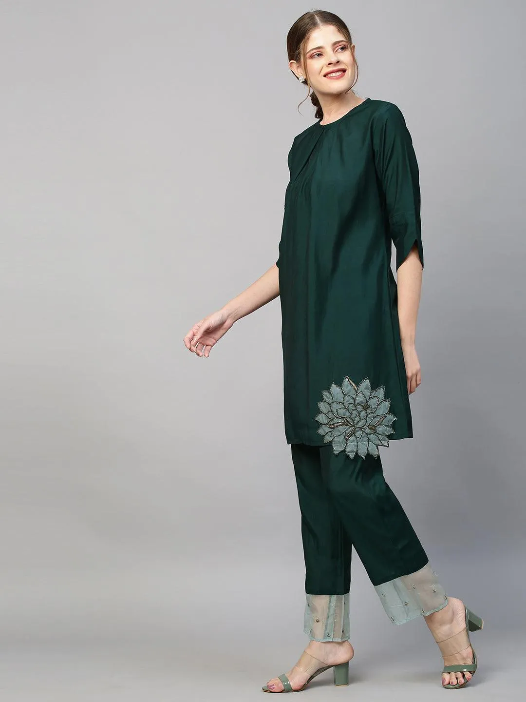 Floral Hand Embroidered Co-ords - Dark Green