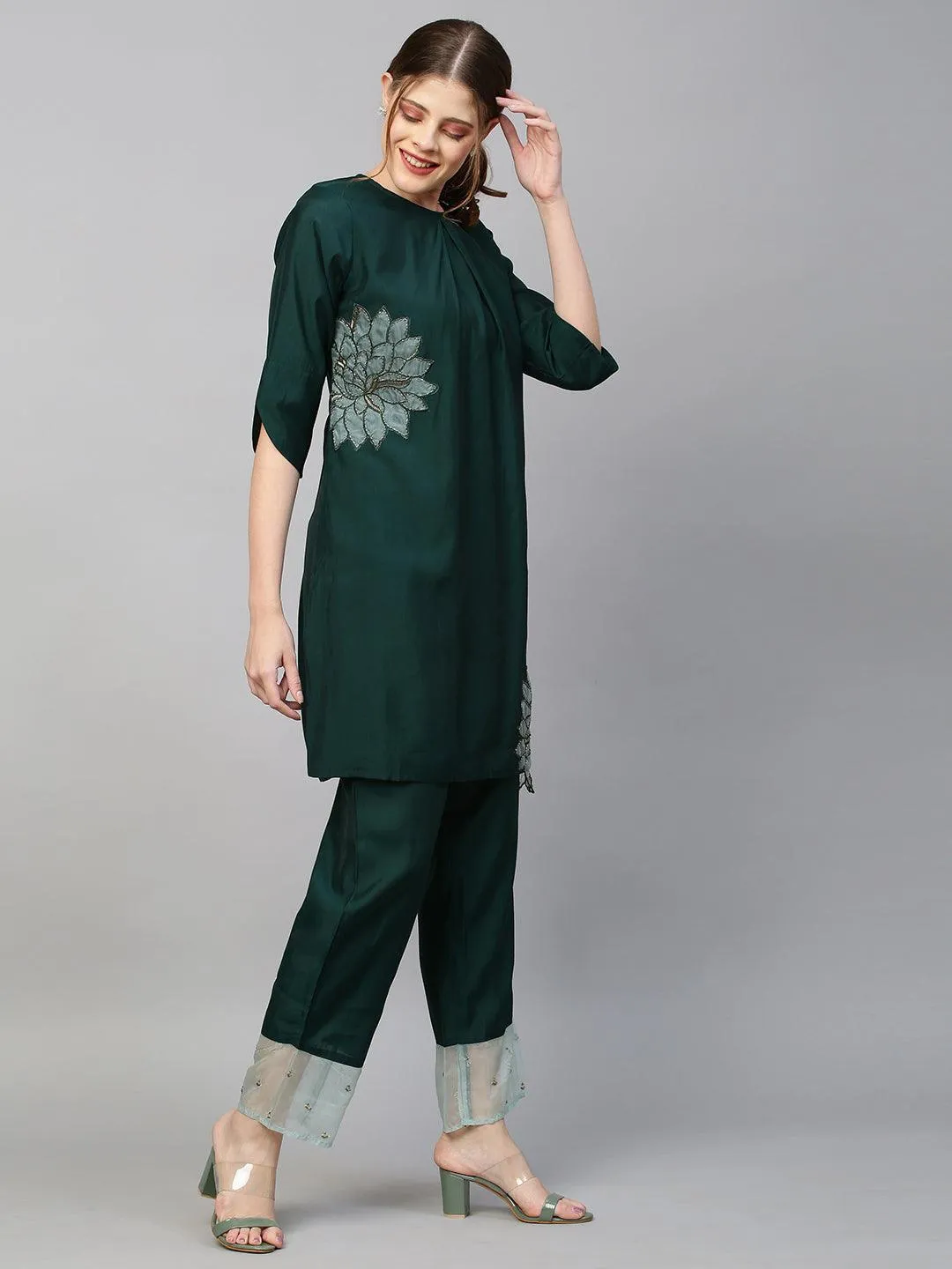 Floral Hand Embroidered Co-ords - Dark Green