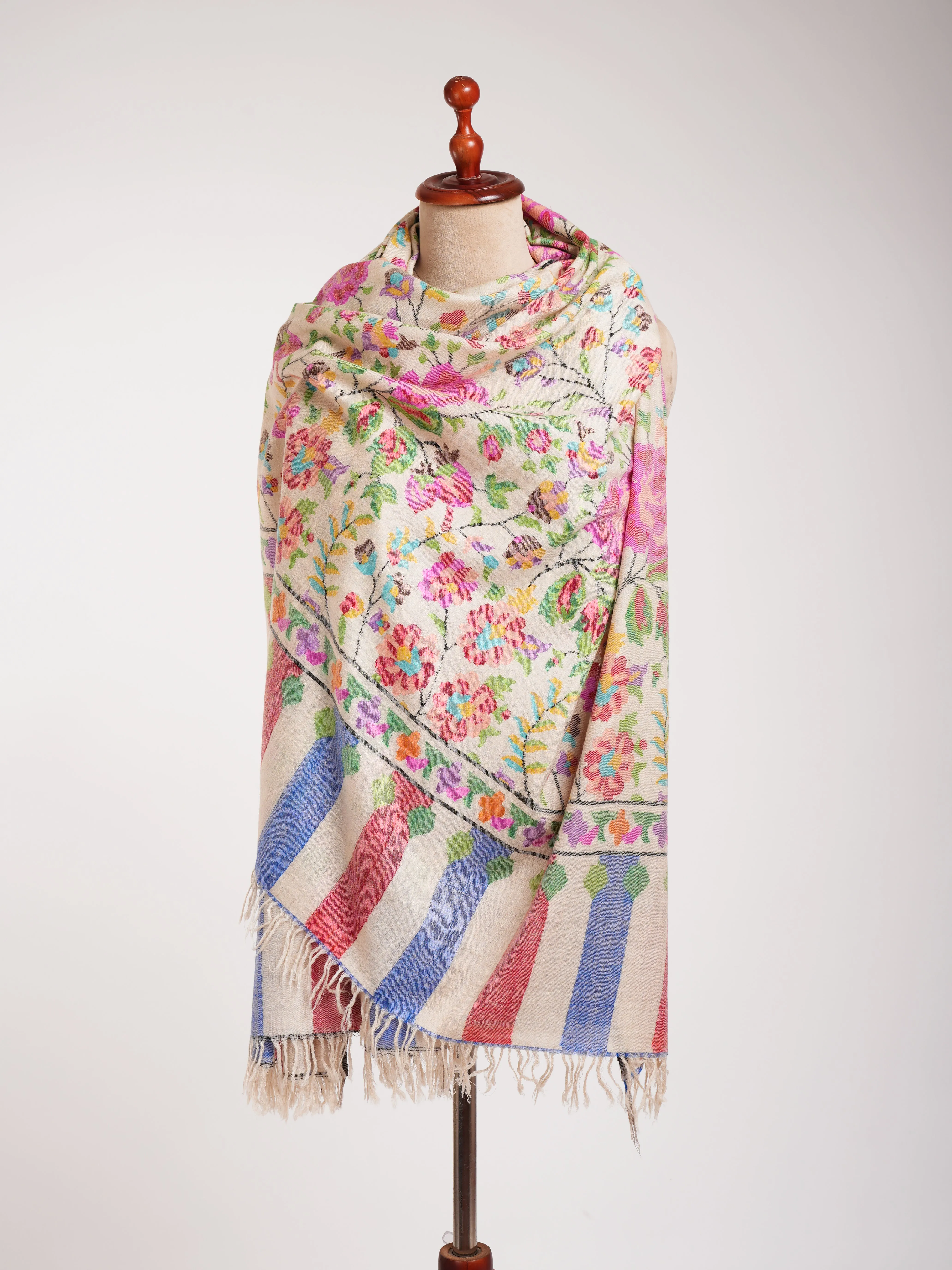 Floral Handwoven White Kani Pashmina Shawl