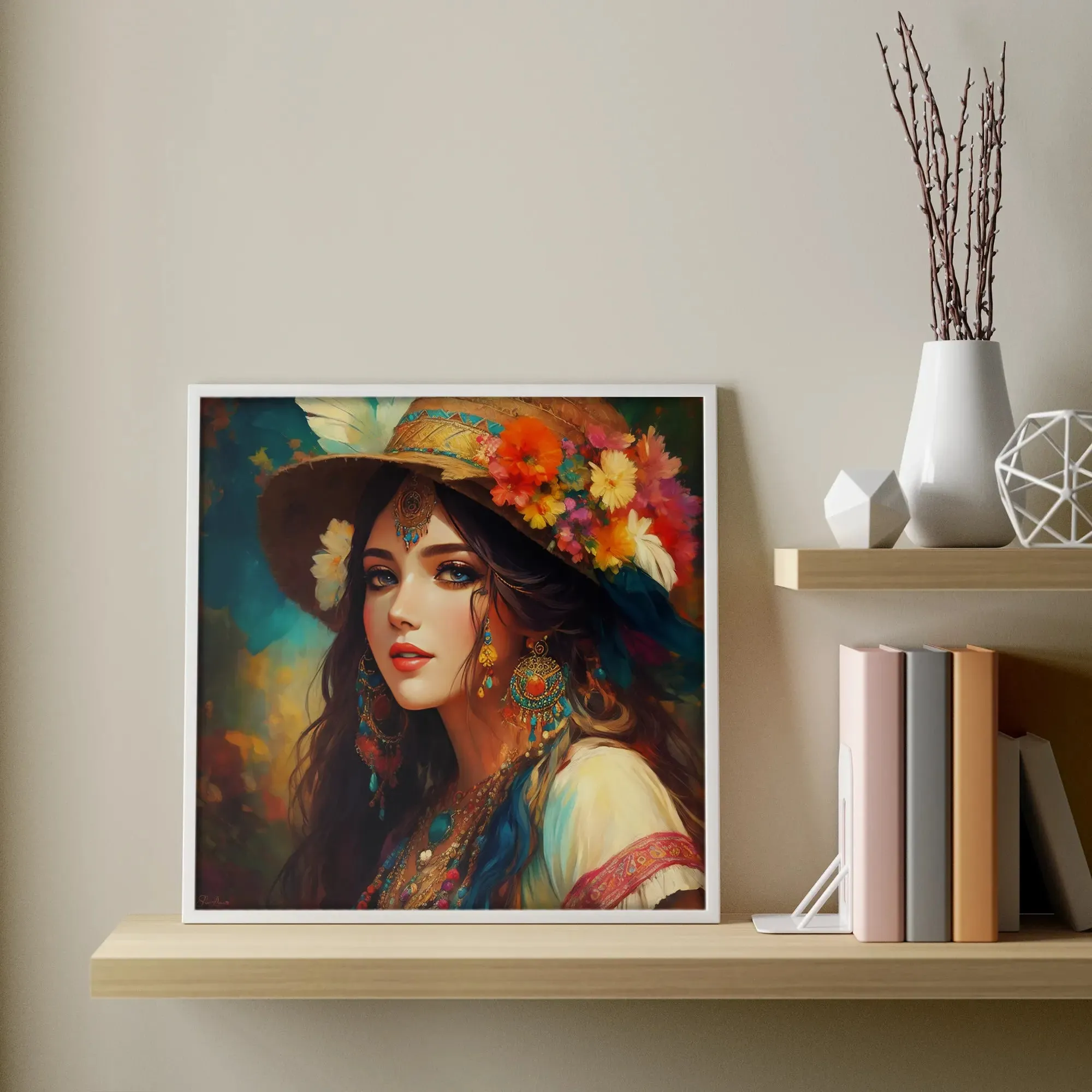 Floral Hat Girl Artwork Framed