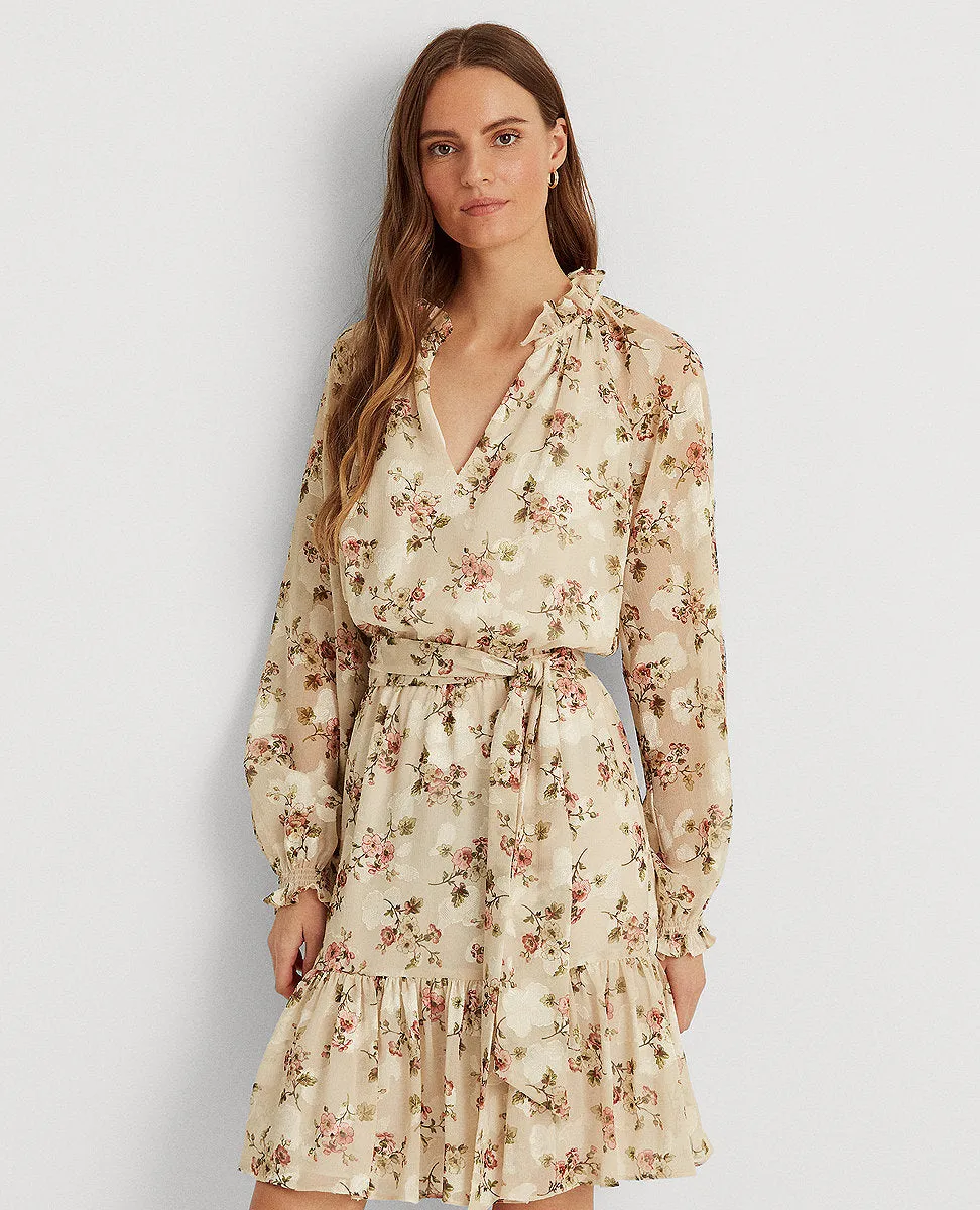 Floral Jacquard Long-Sleeve Dress In Cream/Pink/Multi