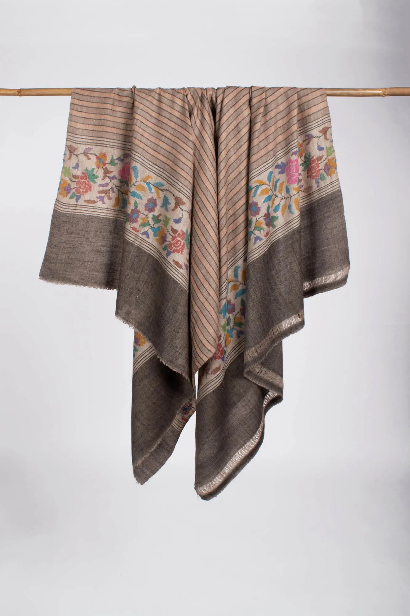 Floral Kani Pashmina Shawl with Stripes - GLOBE