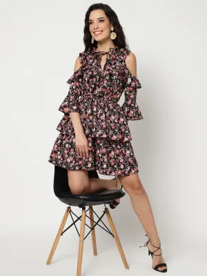 Floral Multicolor Digital Printed Dress With Ruffles