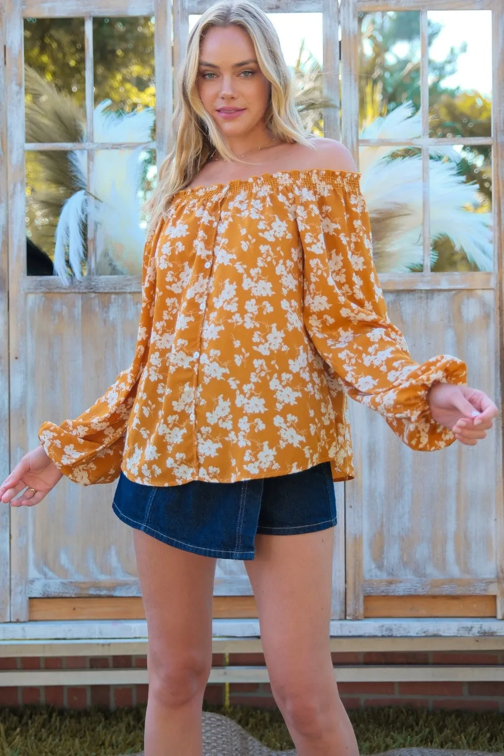 Floral Off-Shoulder Balloon Sleeve Blouse