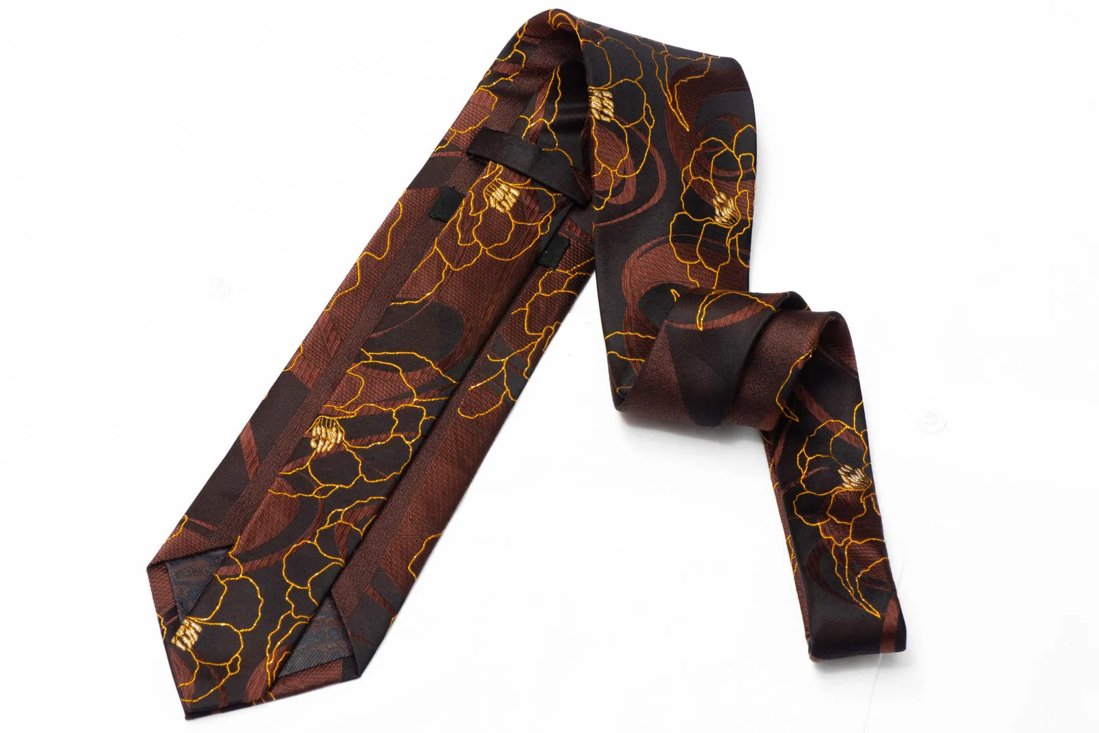 Floral On Brown Rhinestone Silk Necktie With Silver Sparkles