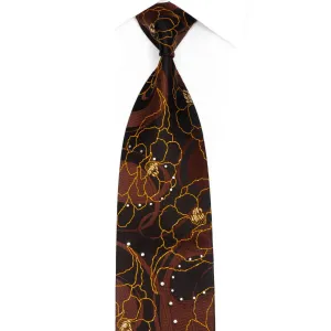 Floral On Brown Rhinestone Silk Necktie With Silver Sparkles