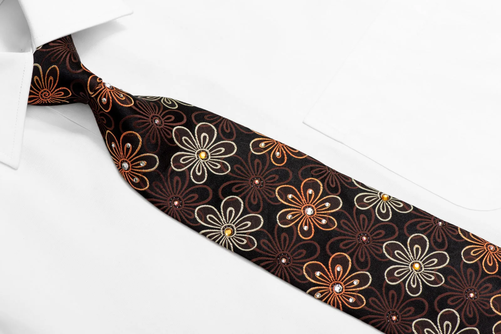 Floral On Dark Brown Rhinestone Silk Necktie With Silver Sparkles