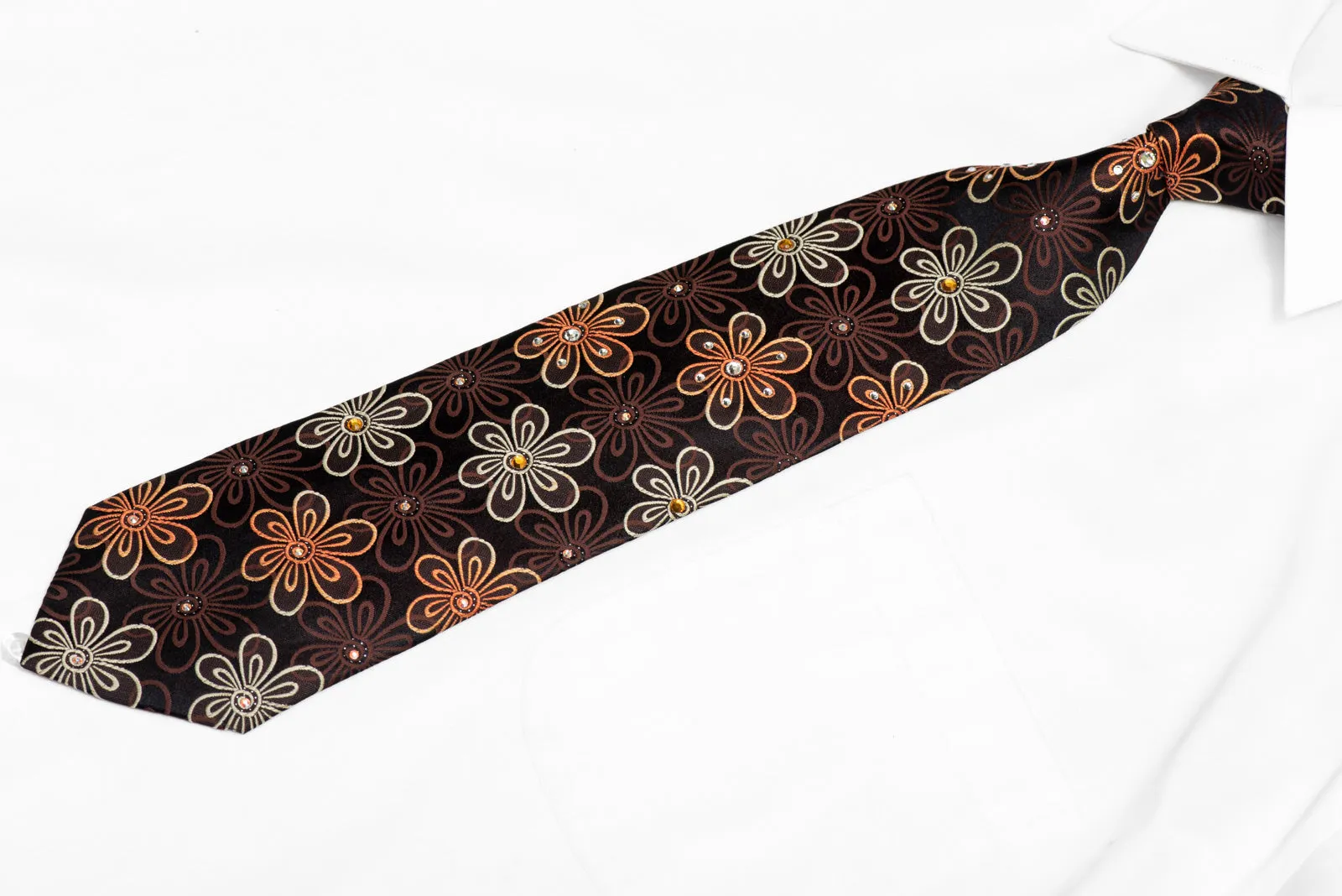 Floral On Dark Brown Rhinestone Silk Necktie With Silver Sparkles