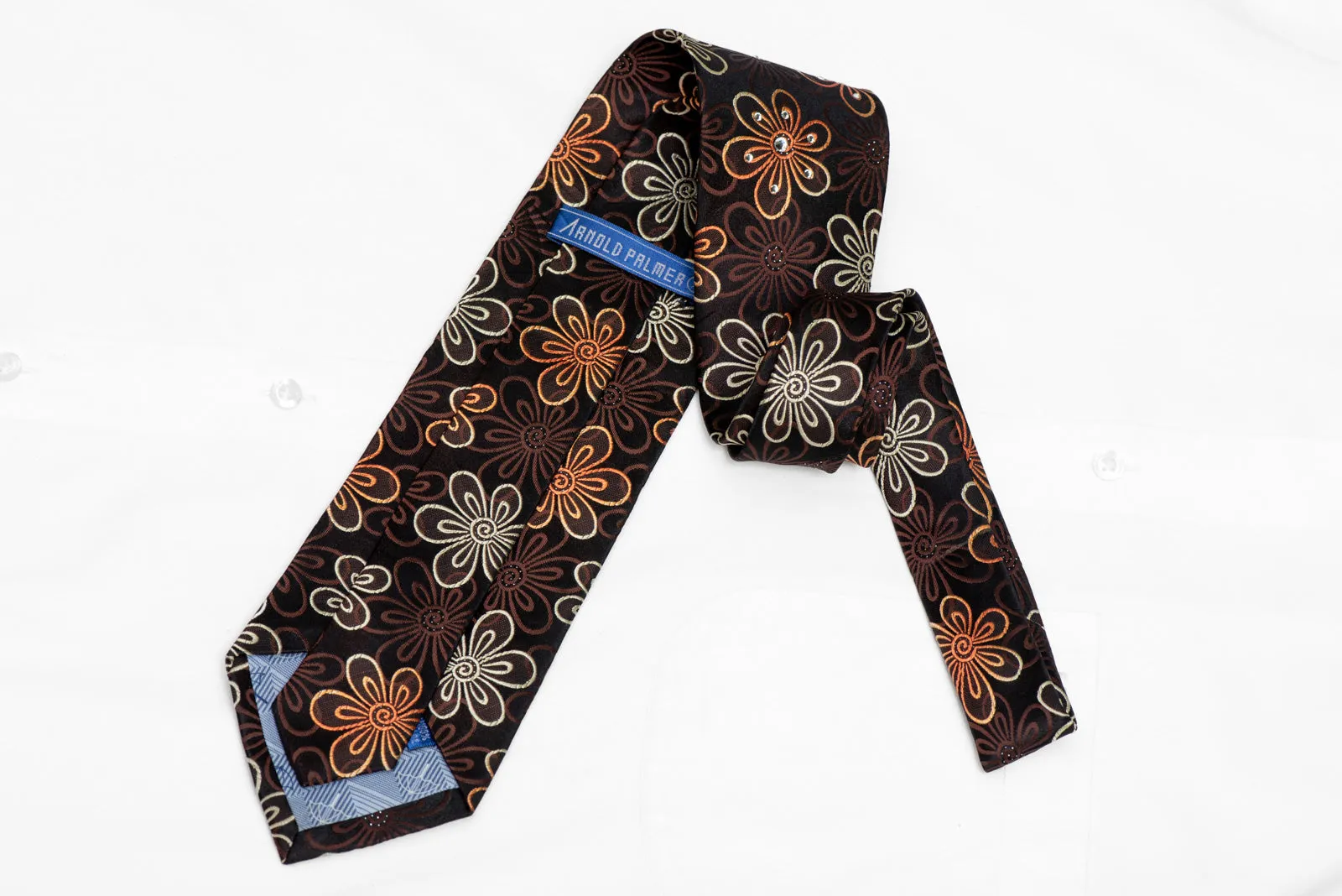 Floral On Dark Brown Rhinestone Silk Necktie With Silver Sparkles