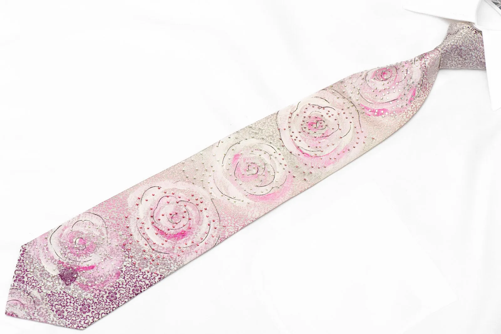 Floral On Pink Rhinestone Silk Necktie With Silver Sparkles