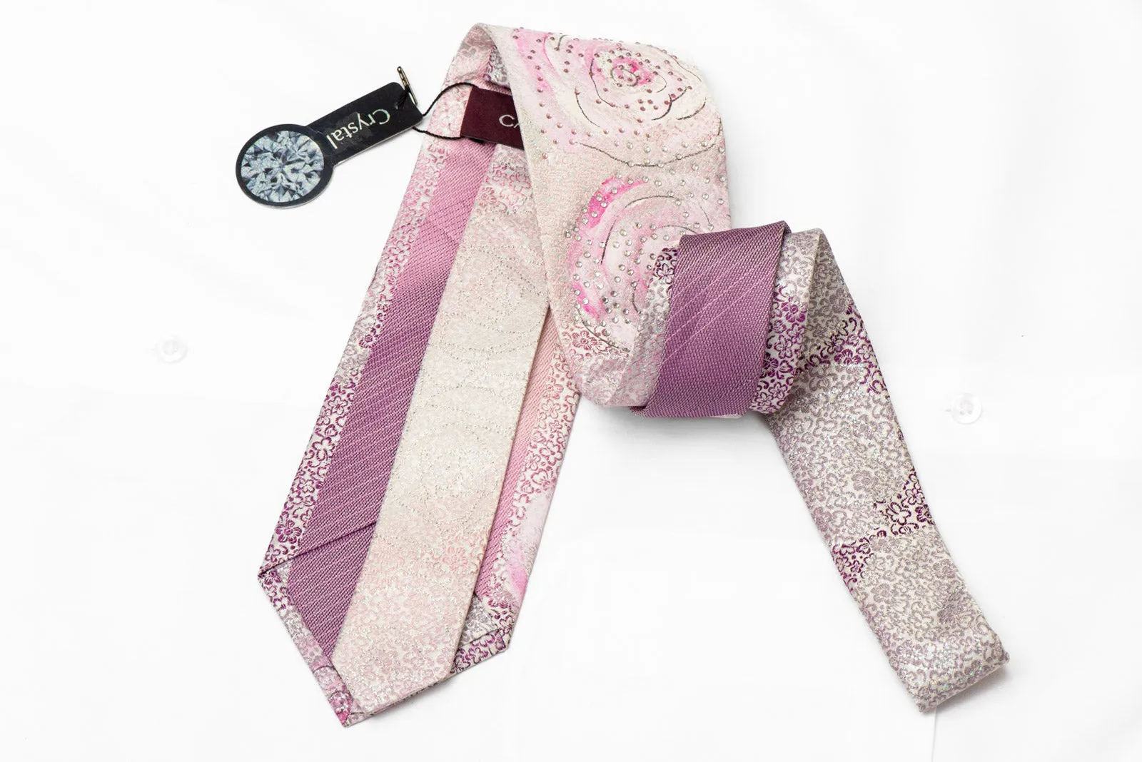 Floral On Pink Rhinestone Silk Necktie With Silver Sparkles